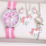 1pc Kids Unicorn Print Round Pointer Quartz Watch & 4pcs Jewelry Set
