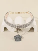 Rhinestone Silver Paw Charm Pet Necklace