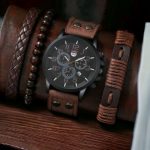 Men's Brown Strap Watch with Bracelet Set