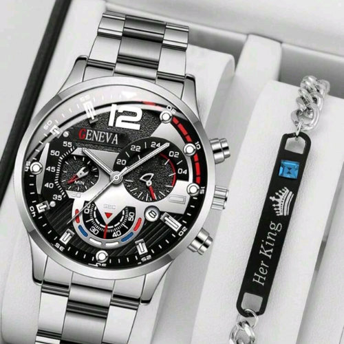 Men's Silver watch with Her King Bracelet