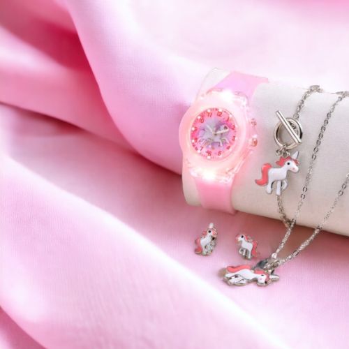 Unicorn Girls Pattern Silicone Strap Luminous Round Dial Quartz Watch & 4pcs Jewelry Set