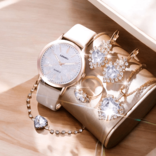 Women's white strap glitter watch with jewelry set