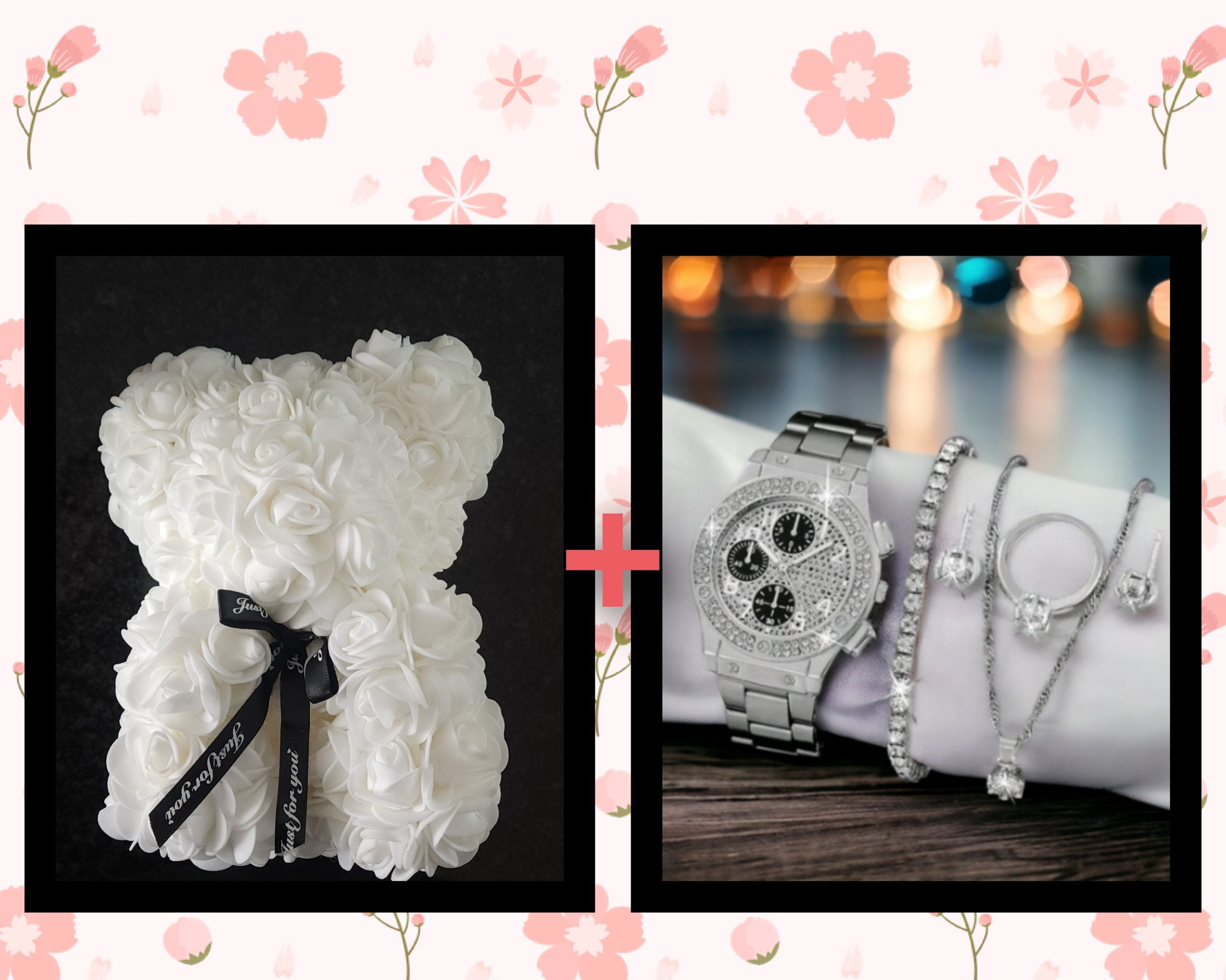 white rose and big silver set Rose Teddy and watch set combo - Image 1