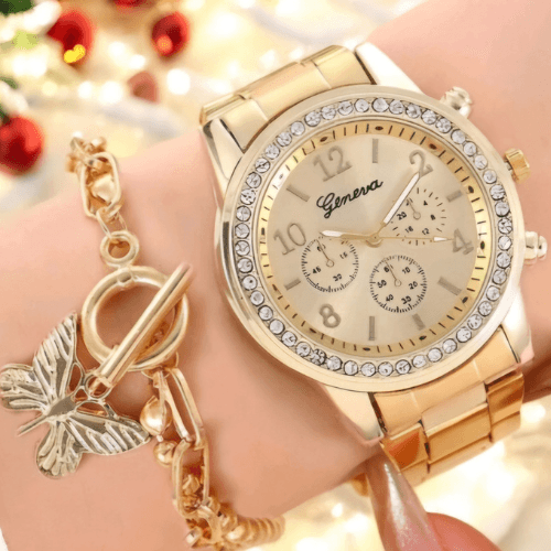 Women's Gold Rhinestone watch butterfly bracelet