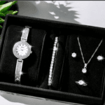 Women's silver rhinestone watch with jewelry set