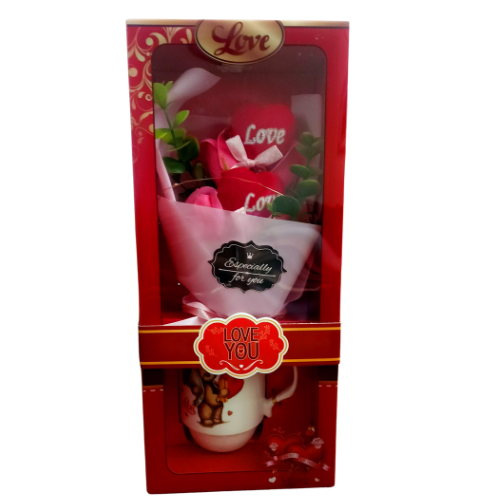 Valentine box E-Cup with bouquet of pink flowers