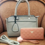 Grey Handbag with Pink wallet combo