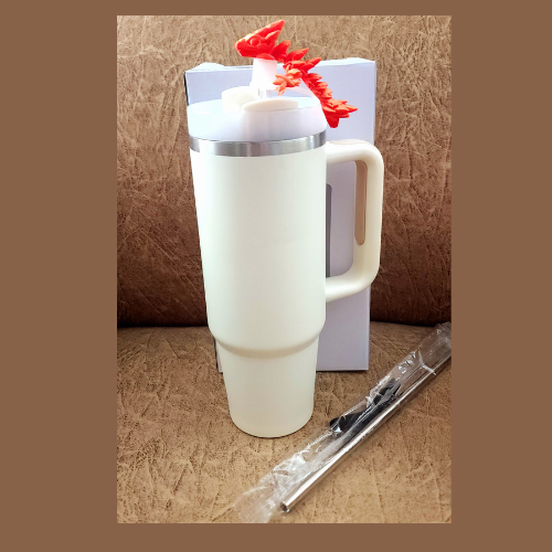 890ml Stainless steel Tumbler - Cream with 3D printed orange Dragon topper